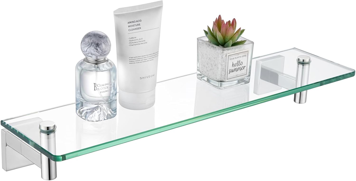 KOKOSIRI Wall Shelves Floating Shelf 16'' Gold Stainless Steel Bathroom Hardware Tempered Glass Hanging Rack Storage/Room Decor 2 Pack B1105BG-L16-P2