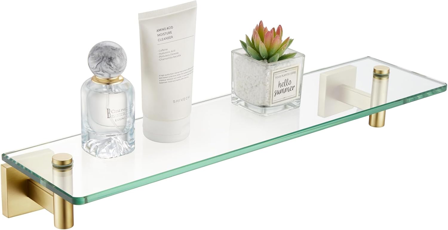 KOKOSIRI Wall Shelves Floating Shelf 16'' Gold Stainless Steel Bathroom Hardware Tempered Glass Hanging Rack Storage/Room Decor 2 Pack B1105BG-L16-P2