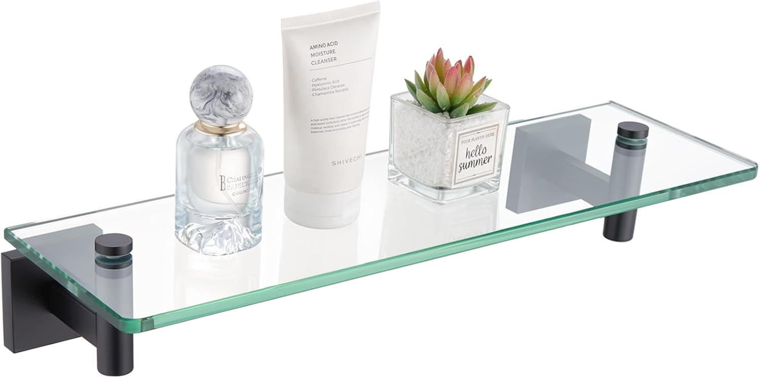 KOKOSIRI Wall Shelves Floating Shelf 16'' Gold Stainless Steel Bathroom Hardware Tempered Glass Hanging Rack Storage/Room Decor 2 Pack B1105BG-L16-P2