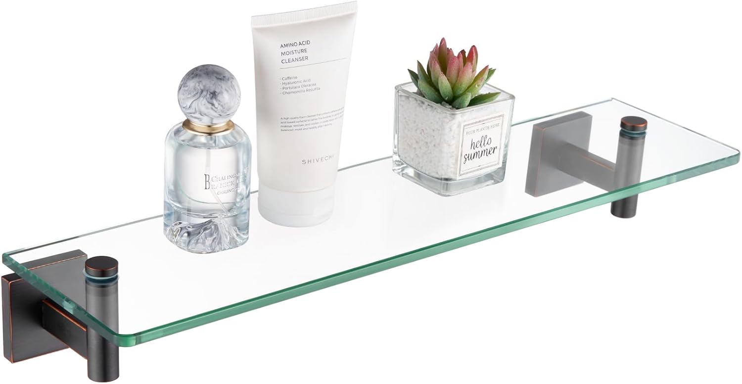 KOKOSIRI Wall Shelves Floating Shelf 16'' Gold Stainless Steel Bathroom Hardware Tempered Glass Hanging Rack Storage/Room Decor 2 Pack B1105BG-L16-P2