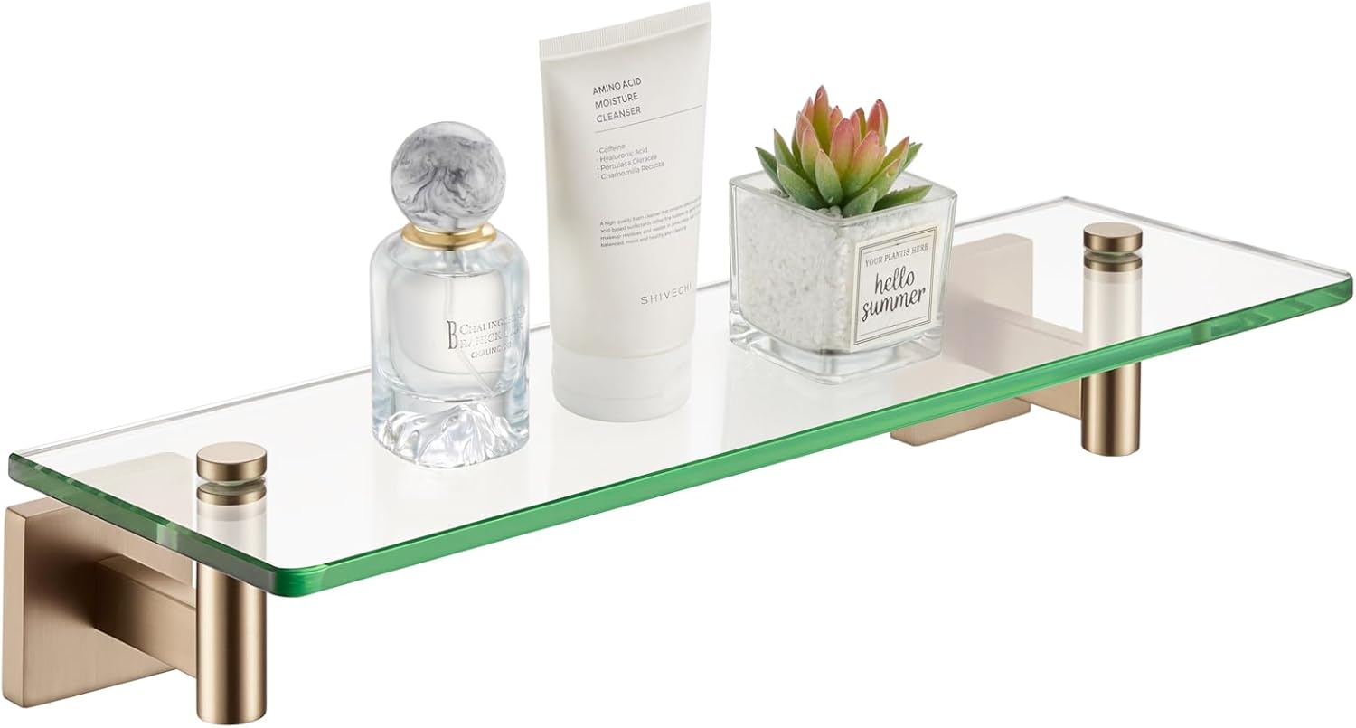 KOKOSIRI Wall Shelves Floating Shelf 16'' Gold Stainless Steel Bathroom Hardware Tempered Glass Hanging Rack Storage/Room Decor 2 Pack B1105BG-L16-P2