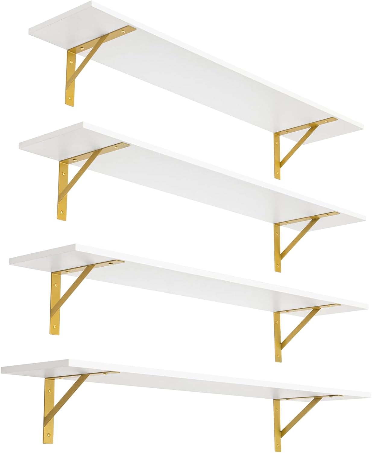 DINZI LVJ Long Wall Shelves, Set of 4, 39.4Inch Wall Mounted Shelves, Floating Shelves for Wall Storage with Metal Brackets, for Living Room, Bathroom, Bedroom, Kitchen, White and Gold