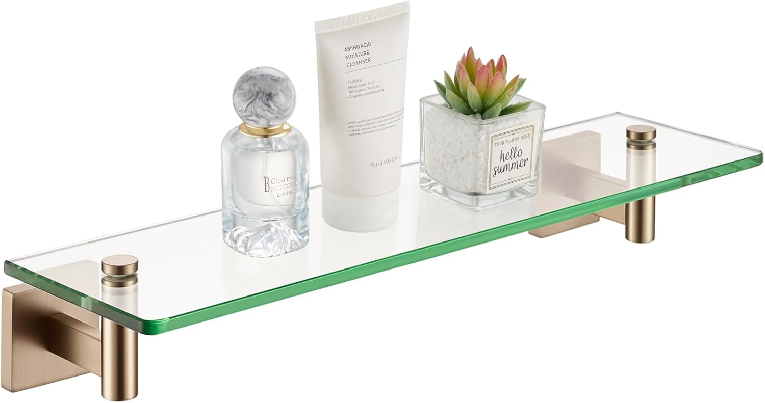 KOKOSIRI Wall Shelves Floating Shelf 16'' Gold Stainless Steel Bathroom Hardware Tempered Glass Hanging Rack Storage/Room Decor 2 Pack B1105BG-L16-P2