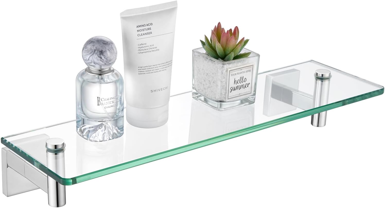 KOKOSIRI Wall Shelves Floating Shelf 16'' Gold Stainless Steel Bathroom Hardware Tempered Glass Hanging Rack Storage/Room Decor 2 Pack B1105BG-L16-P2