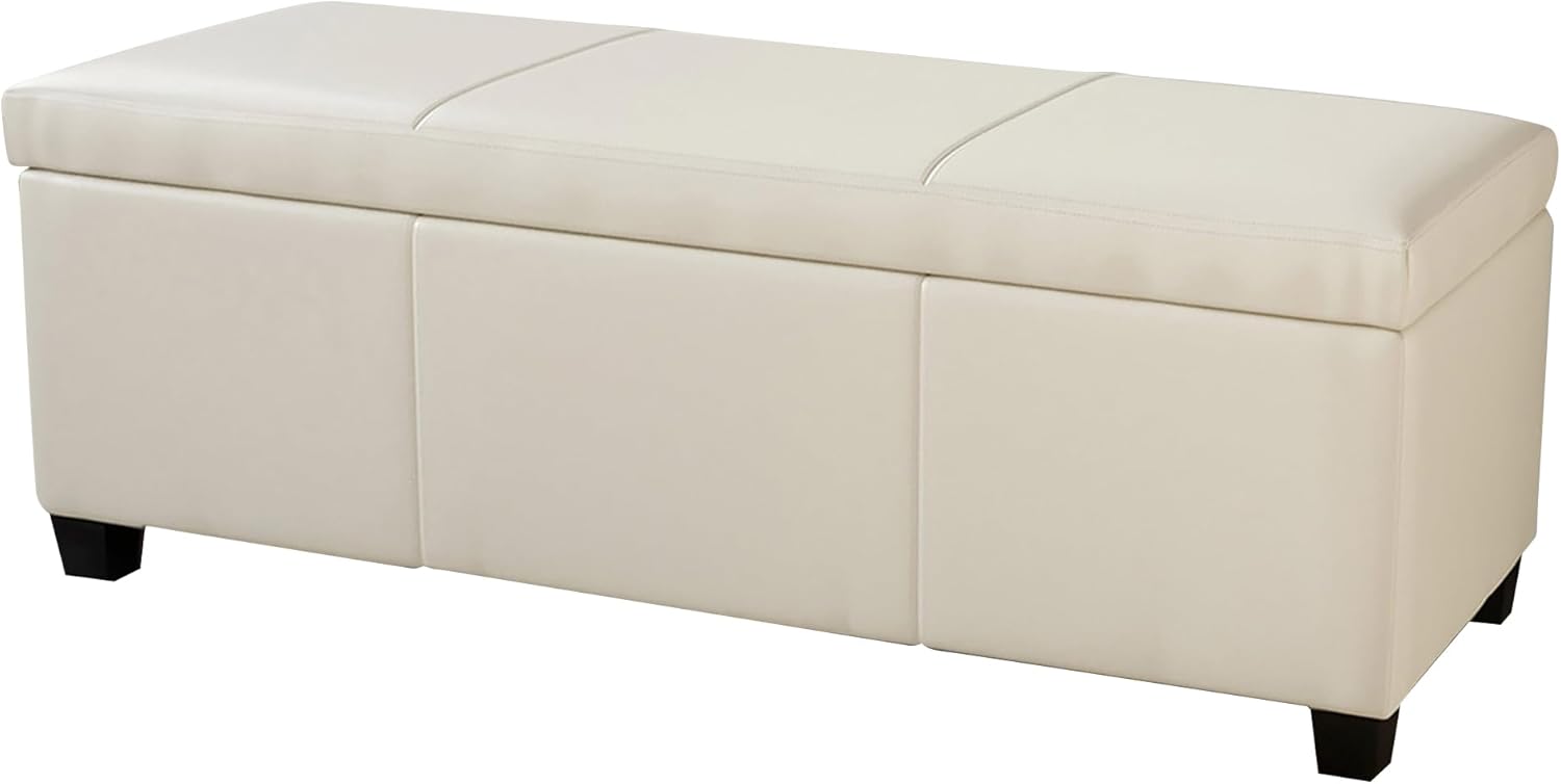 BELLEZE Storage Faux Leather Ottoman, 47 Inch Bench Bedroom Bench with Safety Close Hinge, Extra Long Ottoman with Storage for Living Room, Entryway, Hallway, Foot Rest, Support 300lbs - Beige