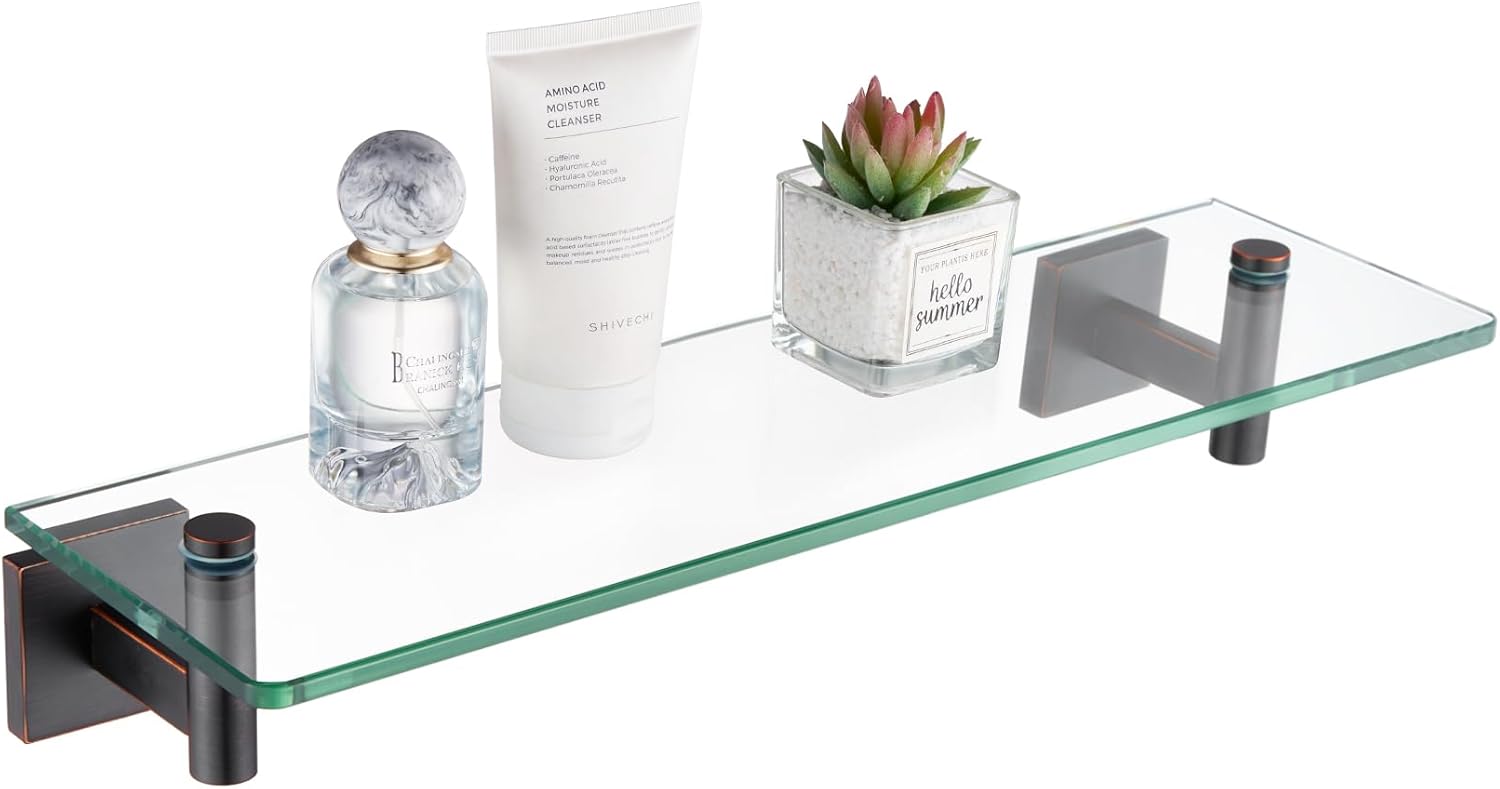 KOKOSIRI Wall Shelves Floating Shelf 16'' Gold Stainless Steel Bathroom Hardware Tempered Glass Hanging Rack Storage/Room Decor 2 Pack B1105BG-L16-P2