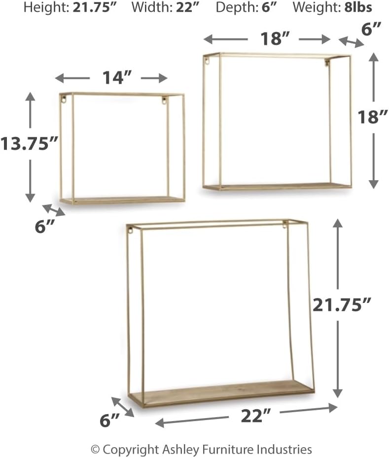 Signature Design by Ashley Efharis Shadow Box Set, 3 Piece Wall Shelf, Natural & Gold Finish