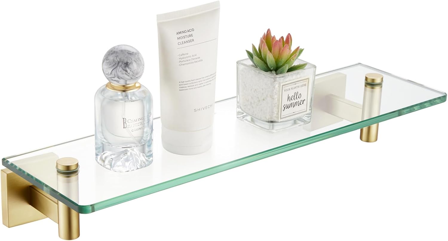 KOKOSIRI Wall Shelves Floating Shelf 16'' Gold Stainless Steel Bathroom Hardware Tempered Glass Hanging Rack Storage/Room Decor 2 Pack B1105BG-L16-P2