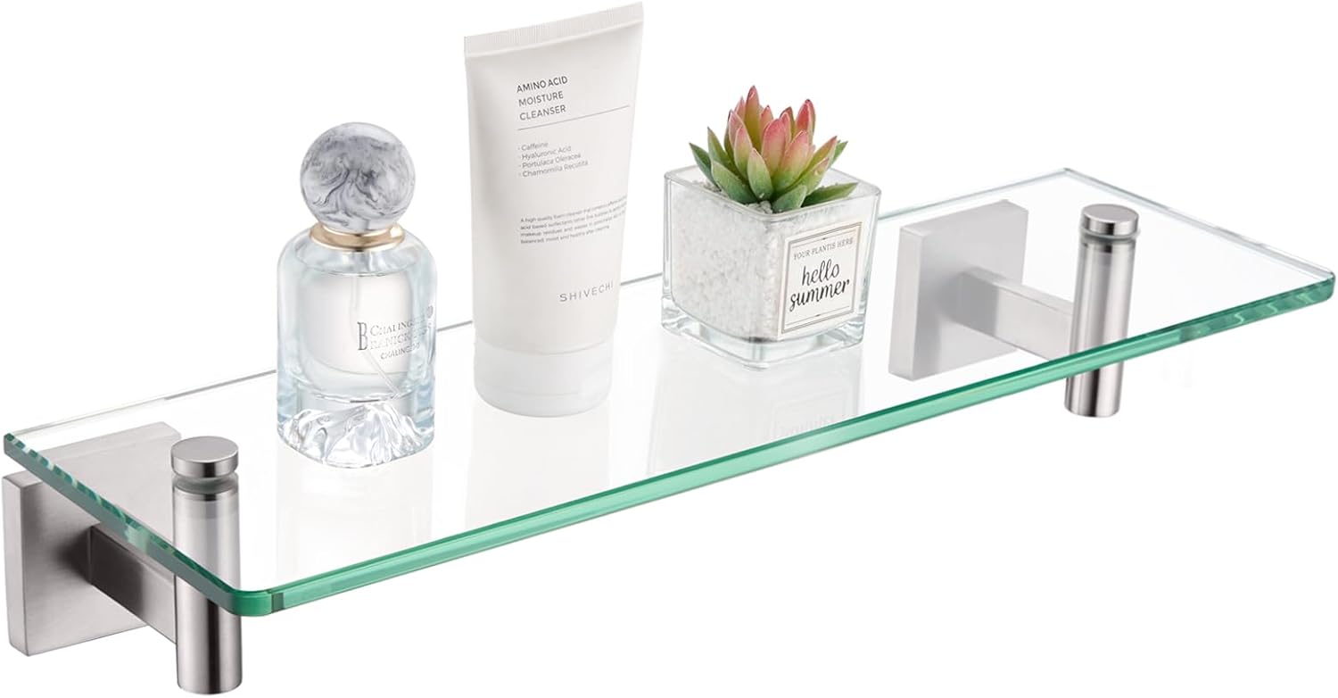 KOKOSIRI Wall Shelves Floating Shelf 16'' Gold Stainless Steel Bathroom Hardware Tempered Glass Hanging Rack Storage/Room Decor 2 Pack B1105BG-L16-P2