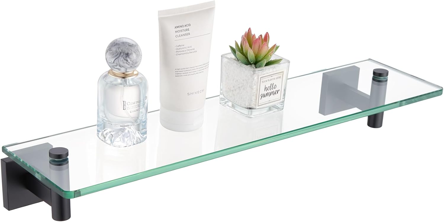 KOKOSIRI Wall Shelves Floating Shelf 16'' Gold Stainless Steel Bathroom Hardware Tempered Glass Hanging Rack Storage/Room Decor 2 Pack B1105BG-L16-P2