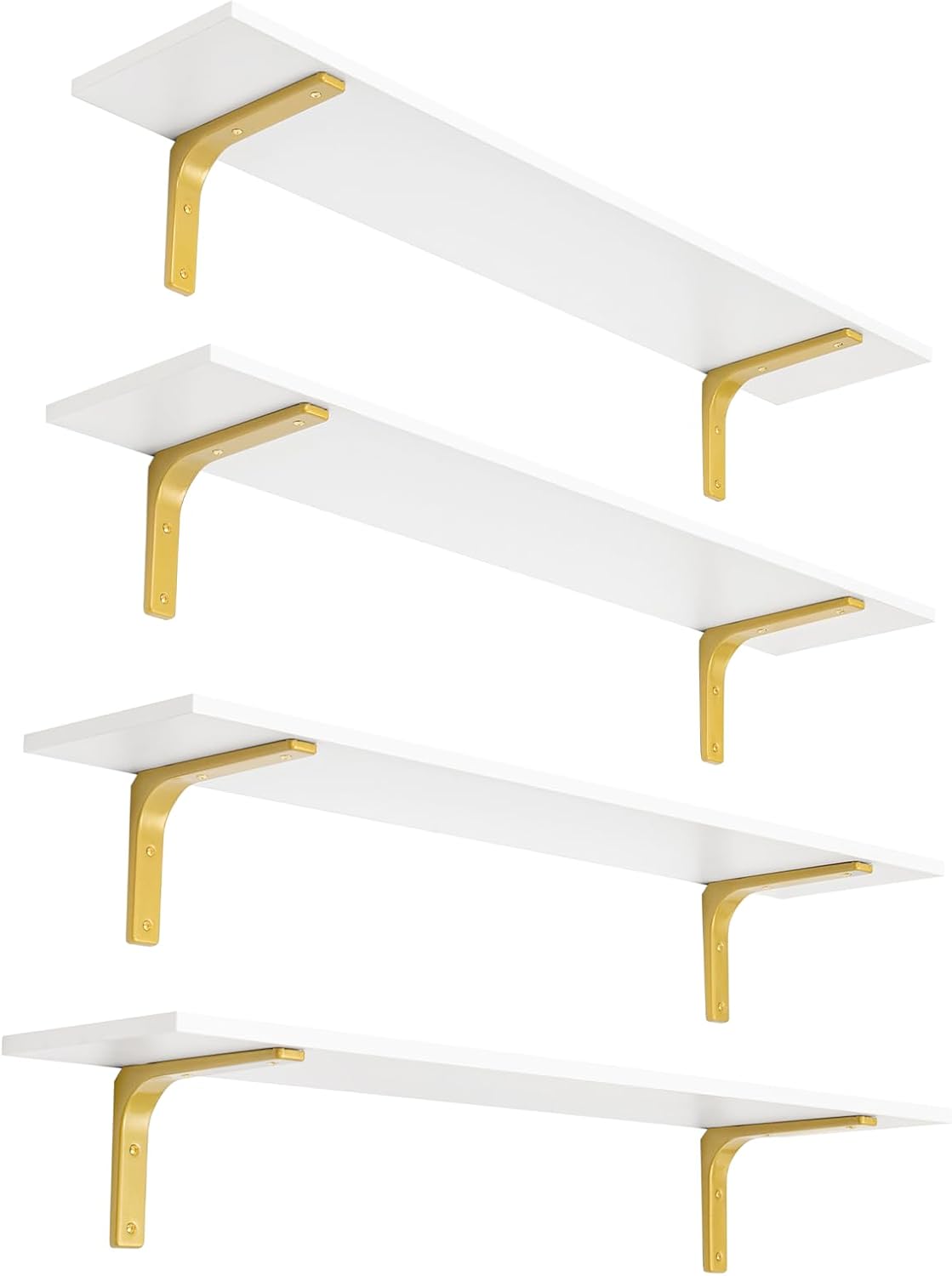 DINZI LVJ Long Wall Shelves, 47.3" Wall Mounted Shelves Set of 4, Large Floating Shelves for Wall with Metal Brackets, for Living Room, Bathroom, Bedroom, Kitchen, White and Gold