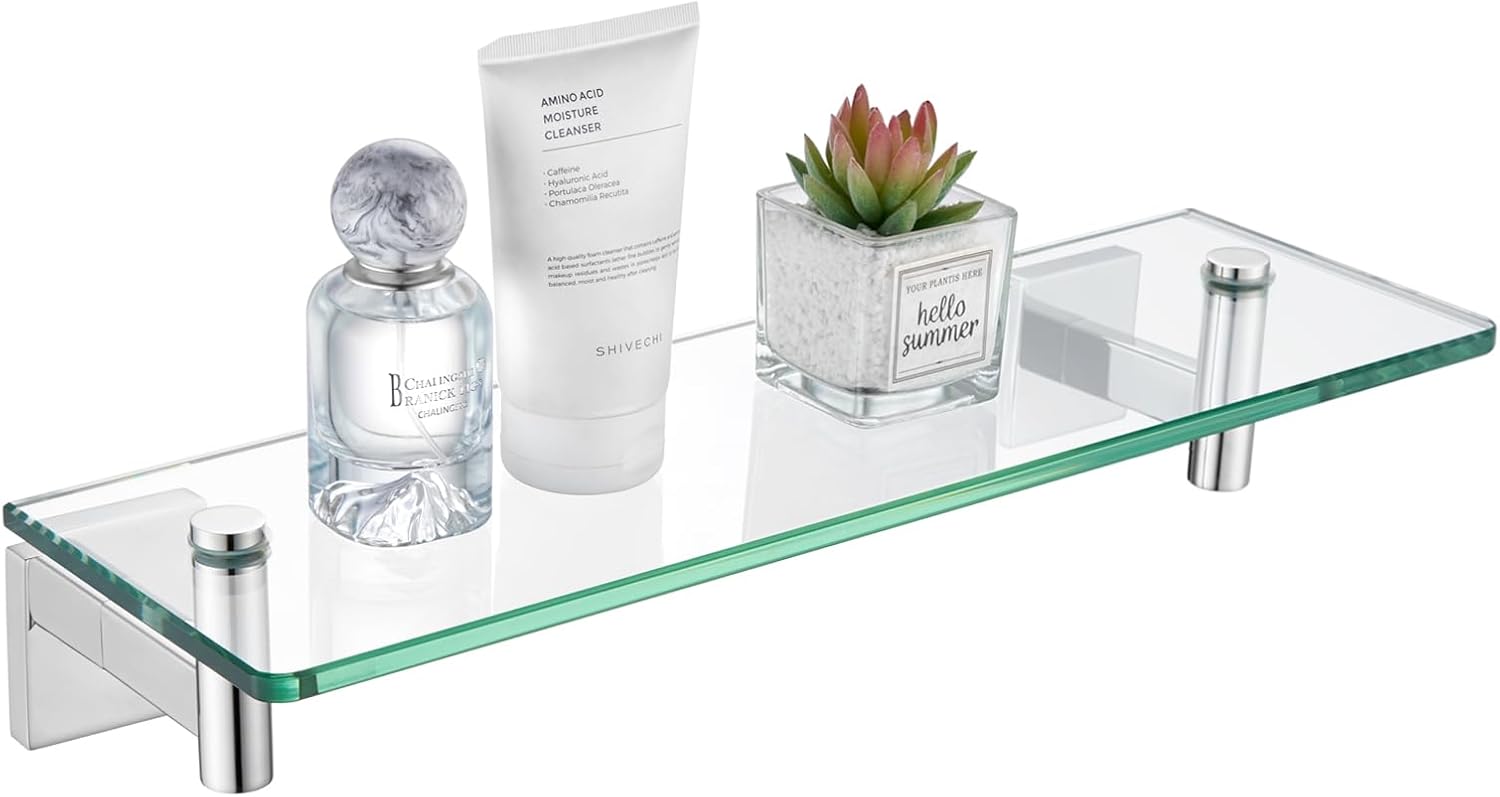 KOKOSIRI Wall Shelves Floating Shelf 16'' Gold Stainless Steel Bathroom Hardware Tempered Glass Hanging Rack Storage/Room Decor 2 Pack B1105BG-L16-P2