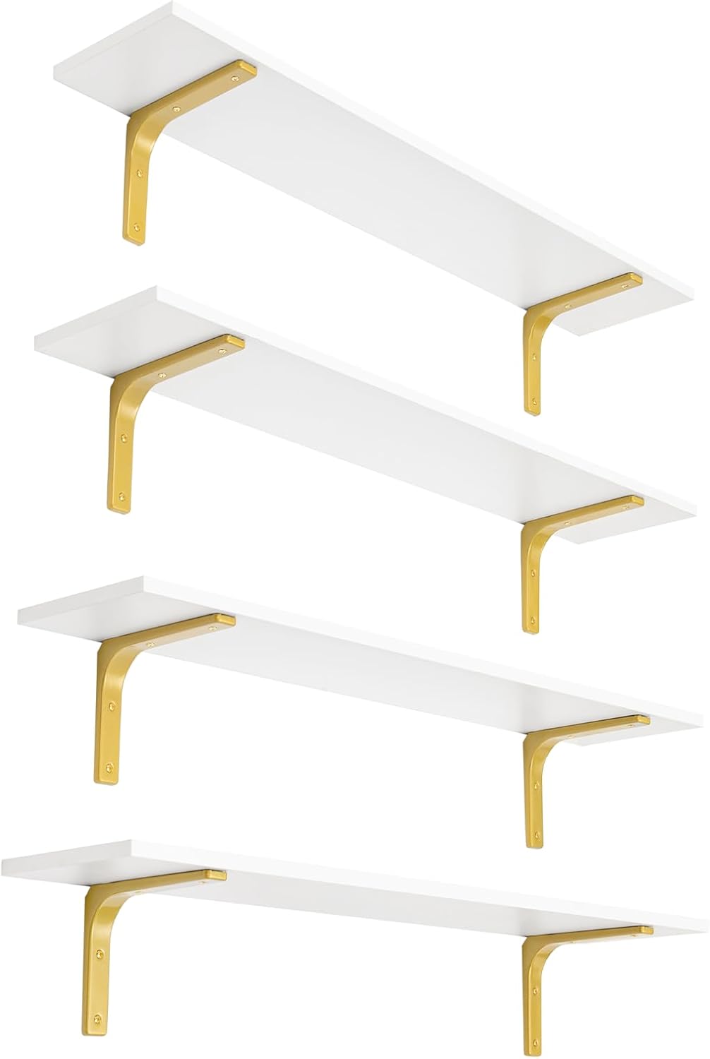 DINZI LVJ Long Wall Shelves, 47.3" Wall Mounted Shelves Set of 4, Large Floating Shelves for Wall with Metal Brackets, for Living Room, Bathroom, Bedroom, Kitchen, White and Gold