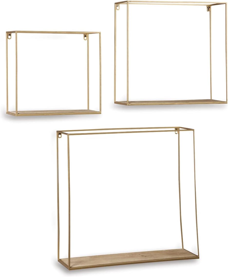Signature Design by Ashley Efharis Shadow Box Set, 3 Piece Wall Shelf, Natural & Gold Finish