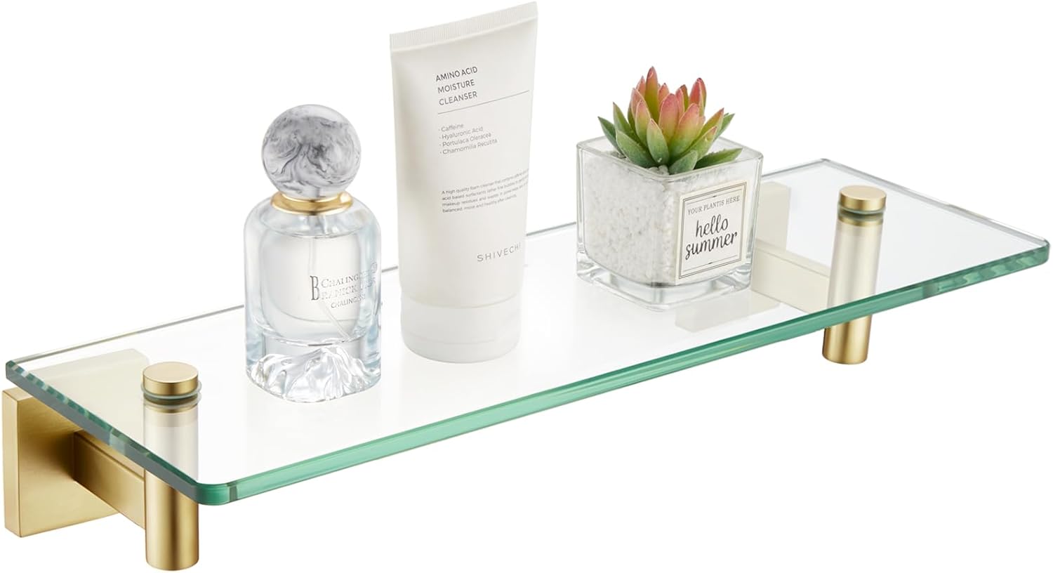 KOKOSIRI Wall Shelves Floating Shelf 16'' Gold Stainless Steel Bathroom Hardware Tempered Glass Hanging Rack Storage/Room Decor 2 Pack B1105BG-L16-P2