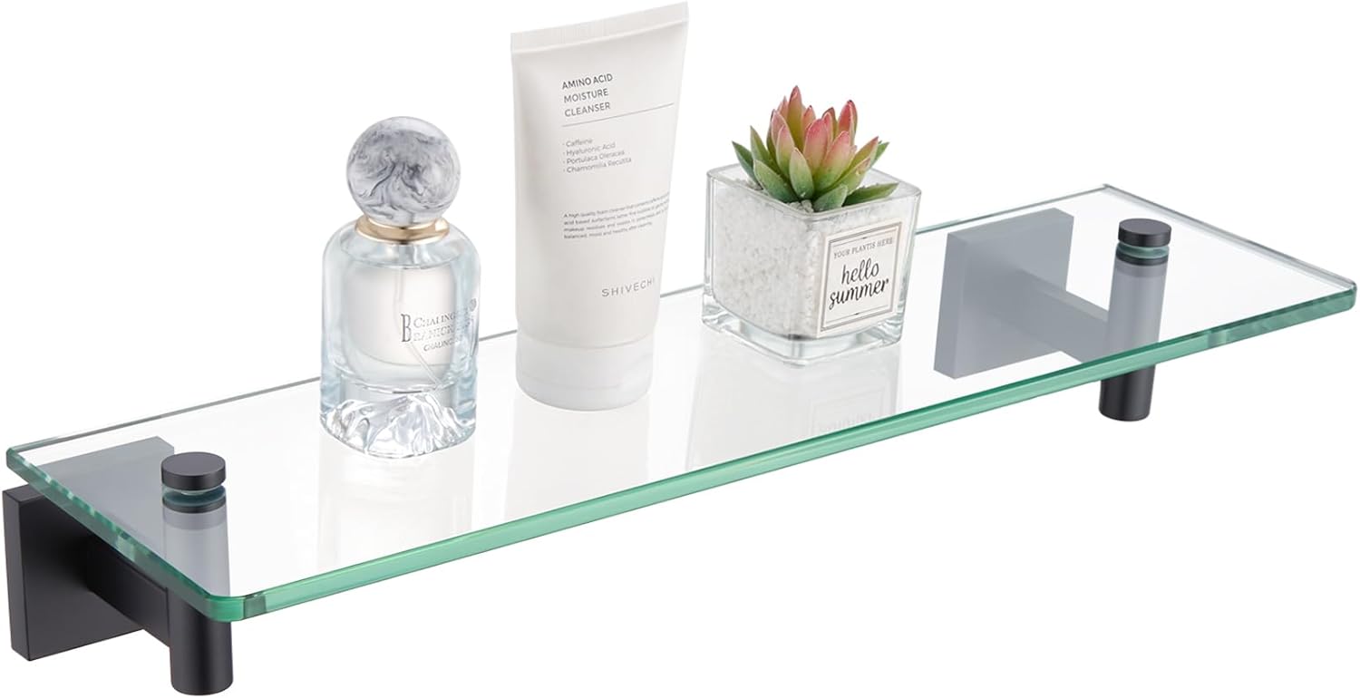 KOKOSIRI Wall Shelves Floating Shelf 16'' Gold Stainless Steel Bathroom Hardware Tempered Glass Hanging Rack Storage/Room Decor 2 Pack B1105BG-L16-P2