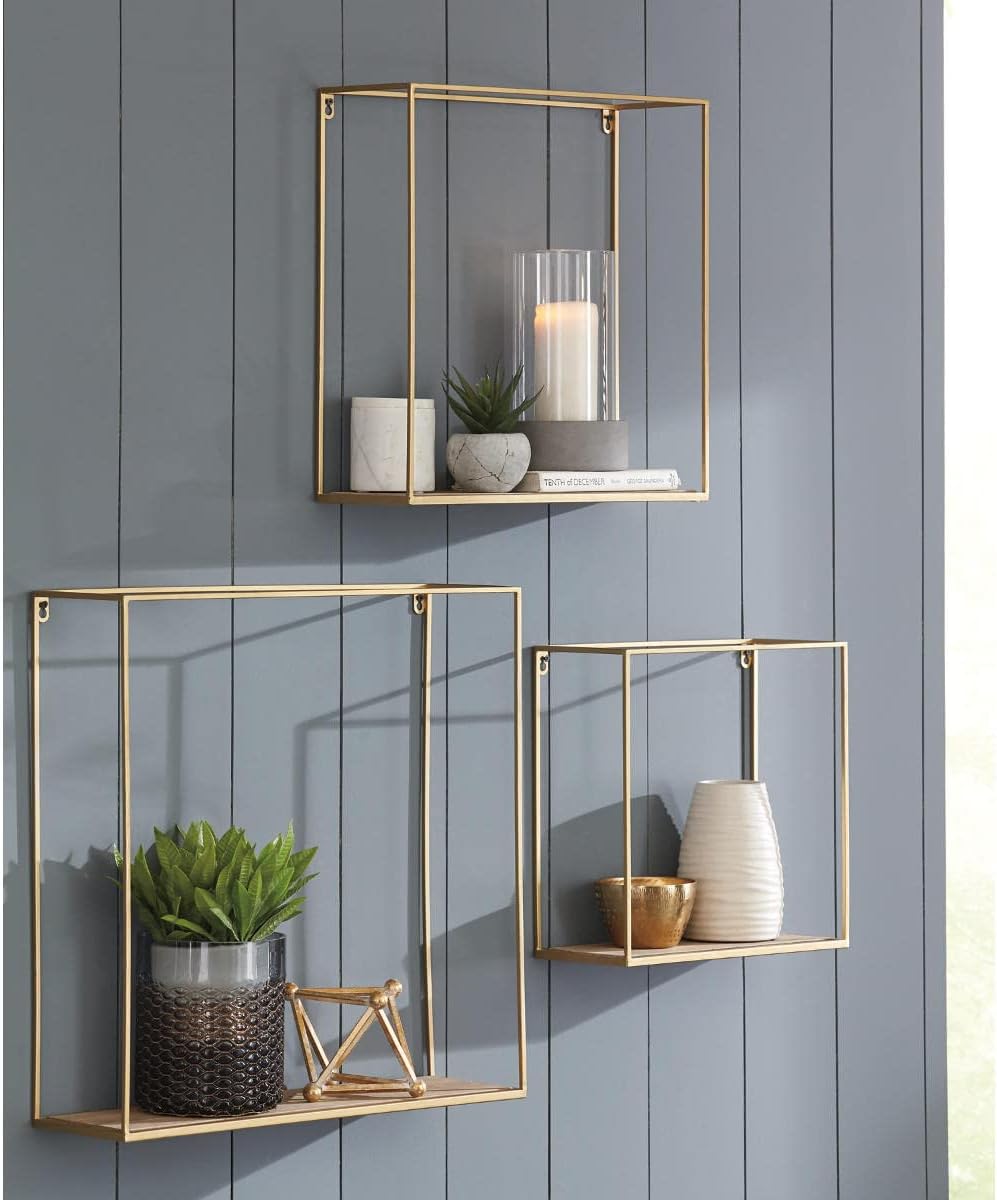 Signature Design by Ashley Efharis Shadow Box Set, 3 Piece Wall Shelf, Natural & Gold Finish