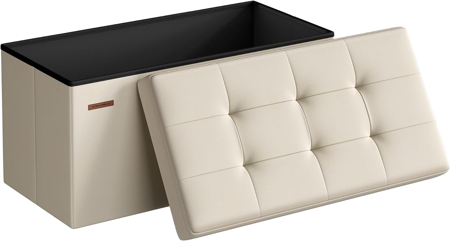 SONGMICS MAZIE Collection - 43 Inches Folding Storage Ottoman Bench, Ottoman Foot Rest, End of Bed Bench, Storage Chest, Load 660 lb, for Living Room, Bedroom, Entryway, Ink Black ULSF077B01