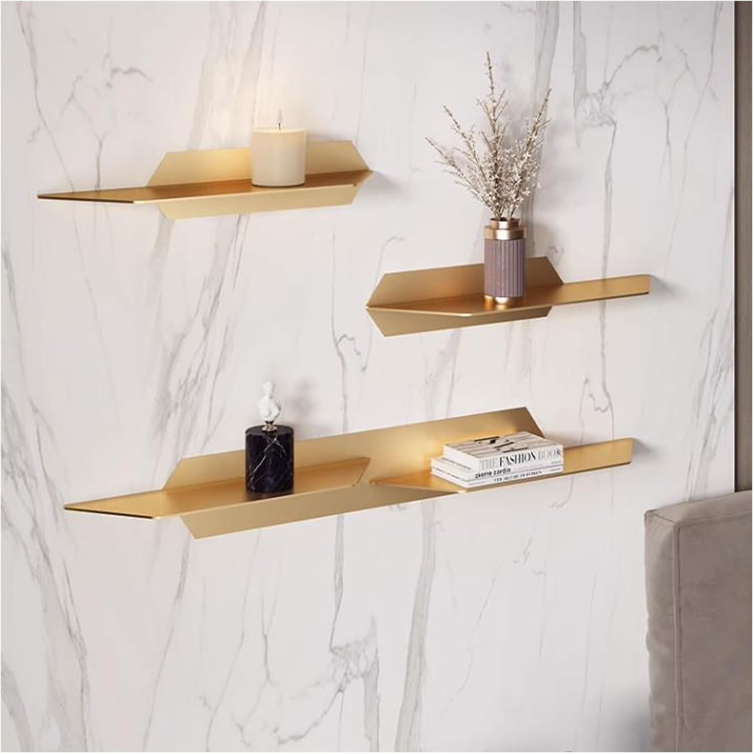 CLoxks Gold Floating Shelves Set of 3, Wall Mounted Metal Shelves for Wall Decor Storage, Floating Book Shelf Modern Wall Shelves for Bathroom, Living Room, Bedroom