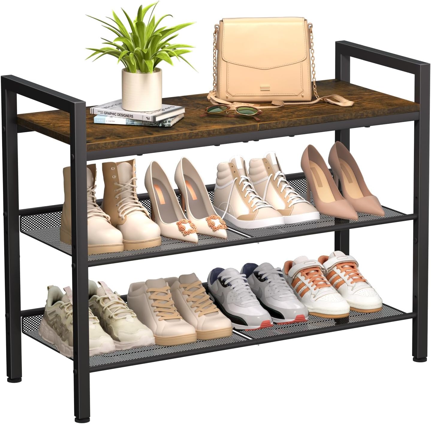 Shoe Rack for Front Door Entrance, 4 Tier Shoe Rack for Entryway, 12-16 Pairs of Shoes, Metal Shoe Rack Organizer, Free Standing Shoe Rack for Closet (Black+Rustic Brown)