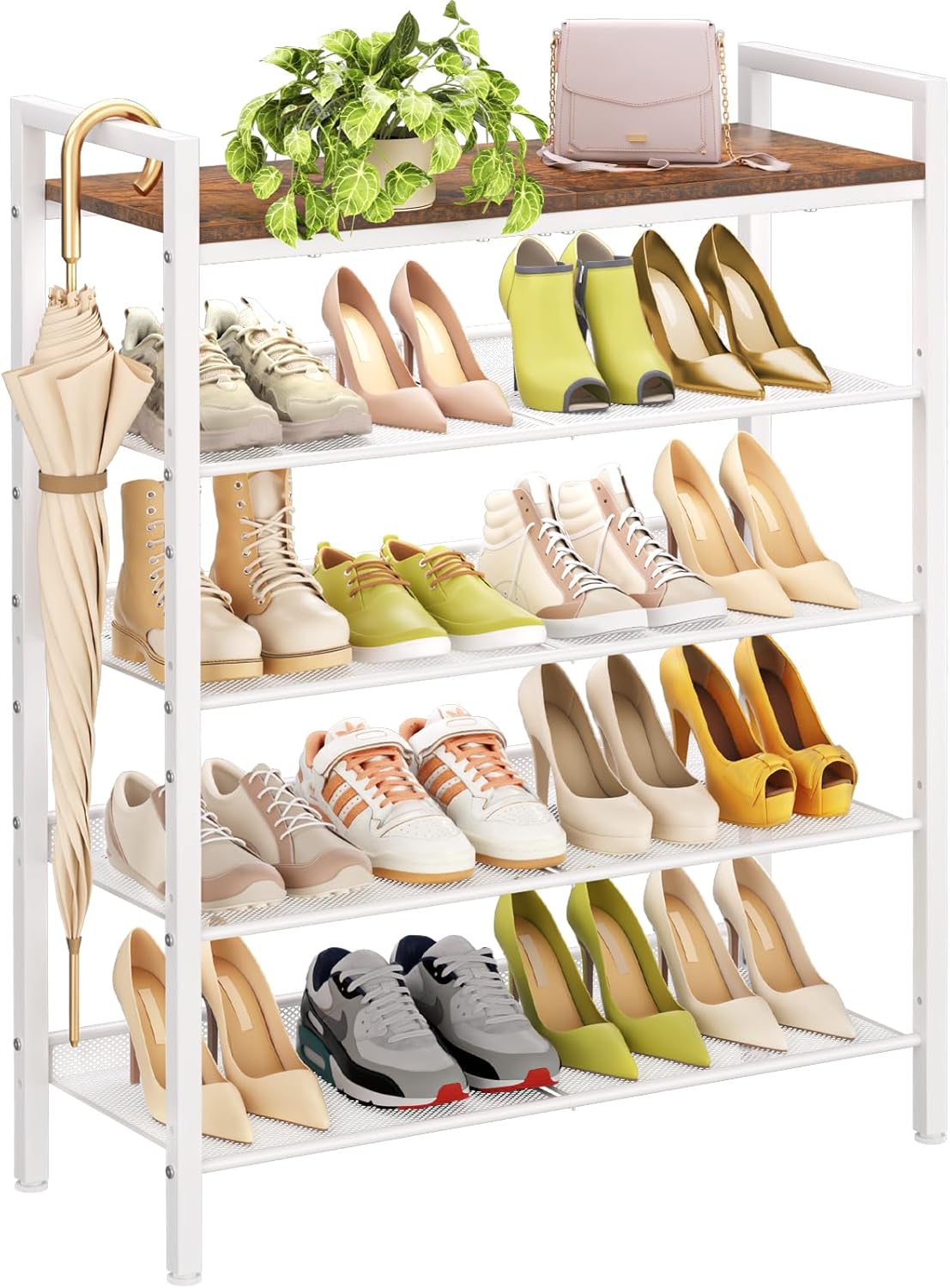 Shoe Rack for Front Door Entrance, 4 Tier Shoe Rack for Entryway, 12-16 Pairs of Shoes, Metal Shoe Rack Organizer, Free Standing Shoe Rack for Closet (Black+Rustic Brown)