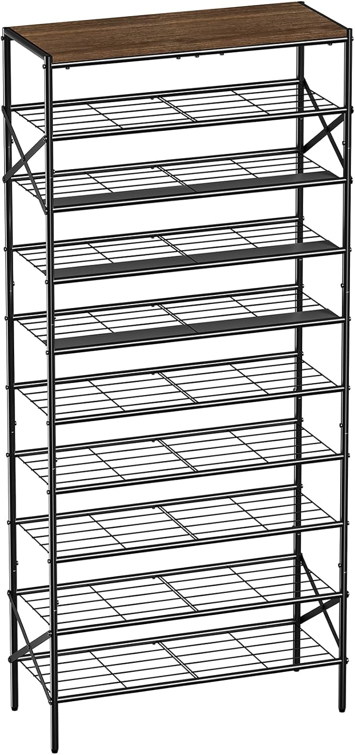 8-Tier Tall Shoe Rack Organizer Shoe Storage for Entryway 24-32 Pairs Metal Shoe Rack for Closet Heavy-Duty Shoe Rack with Wooden Top Shelf for Garage Rustic Brown