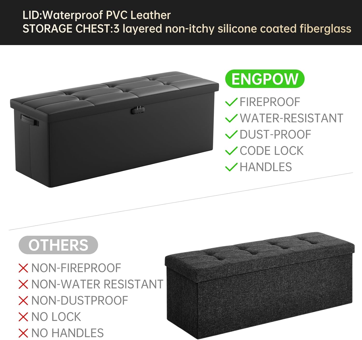 ENGPOW Storage Ottoman, Fireproof Folding Bench with Lock(15”x 43”x15”), Water-Resistant ＆ Heat Insulation Large Storage Chest with Handles＆2 Extra Boxes Safe for Living Room, Bedroom, Home, Black