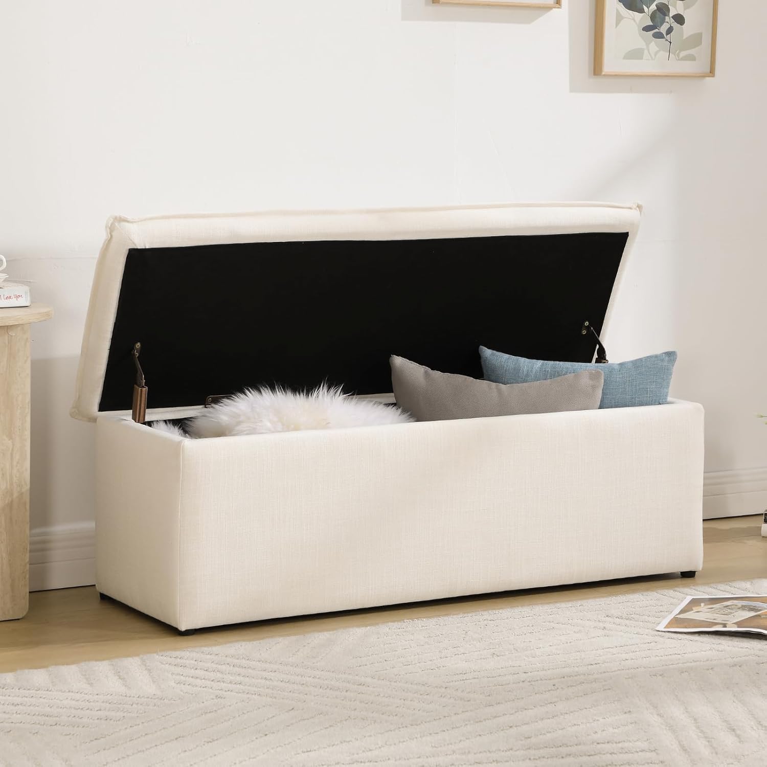 CIMOTA Storage Ottoman Bench, Upholstered End of Bed Storage Bench with Safety Hinge, Large Storage Chest with Seating, Modern Entryway Bench for Bedroom, Living Room, Chenille Oatmeal