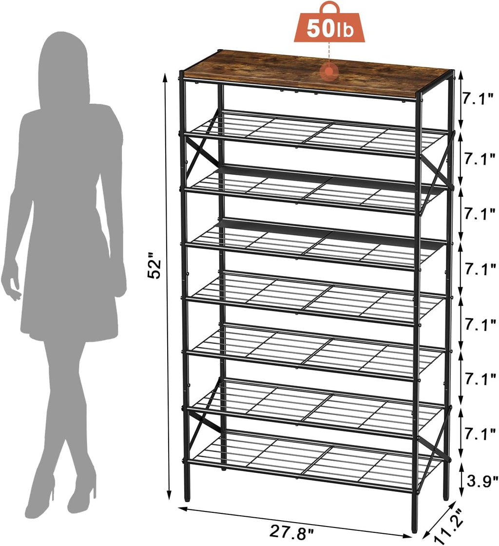 8-Tier Tall Shoe Rack Organizer Shoe Storage for Entryway 24-32 Pairs Metal Shoe Rack for Closet Heavy-Duty Shoe Rack with Wooden Top Shelf for Garage Rustic Brown