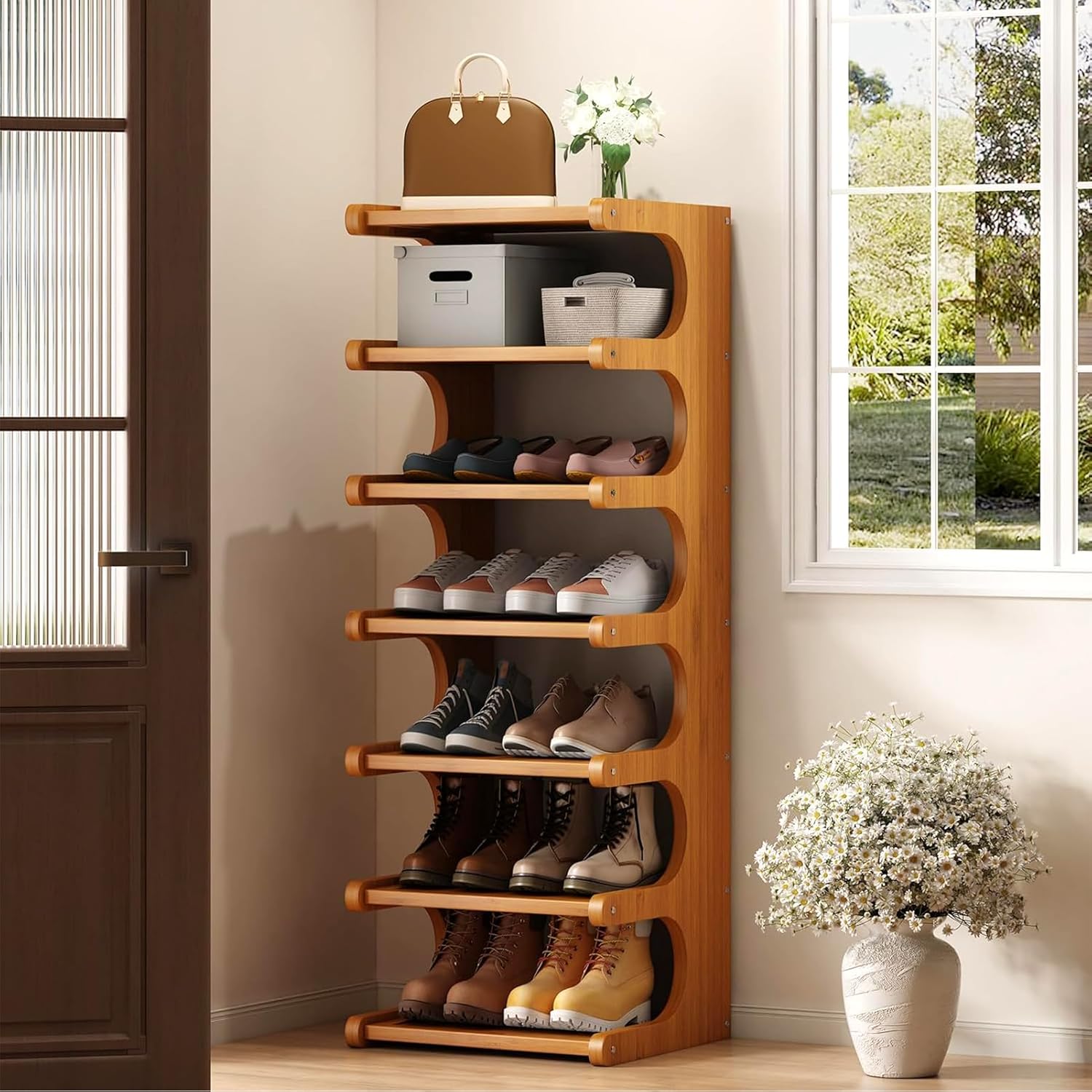 7-Tier Vertical Shoe Rack, Bamboo Free Standing Shoe Rack Shelf, Shoe Storage Stand, Entryway Shoe Tower, Vertical Shoe Organizer for Narrow Closet, Entryway, Hallway