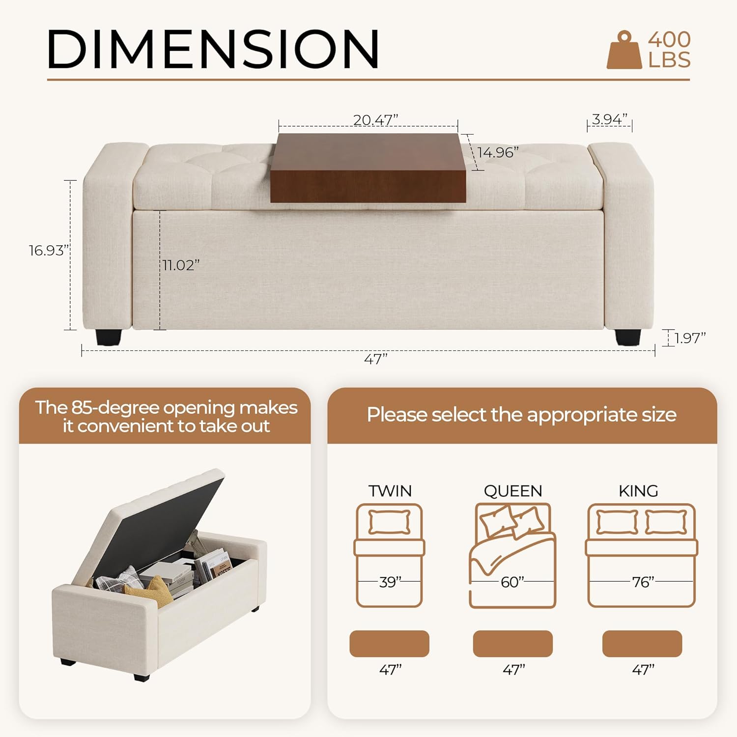 Storage Ottoman Bench with Tray,Large Entryway Ottoman with Storage, Rectangular Bench with Cushion and Safety Hinge for Living Room Bedroom