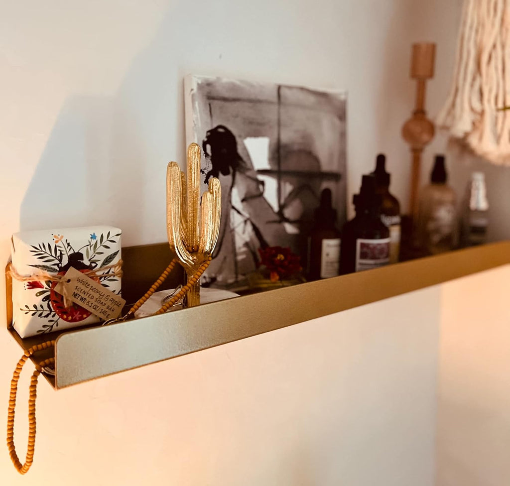 DIY CARTEL Made in USA Floating Metal Wall Shelf Picture Ledge - USA Manufactured Steel - Industrial Heavy Duty Modern Farmhouse Rustic Designed Shelf (24in Gold)