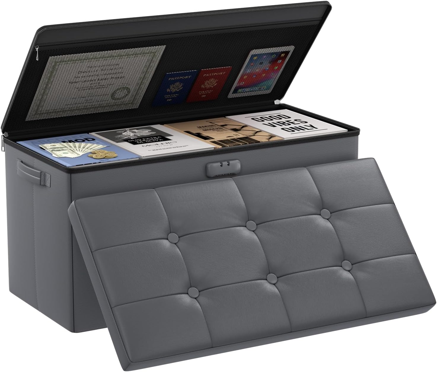 DocSafe Storage Ottoman Bench,Fireproof＆Waterproof Folding Bench with Lock(15”x 43”x15”),Leather Storage Chest with Handles＆2 Extra Boxes,Ottoman Safe for Bedroom,Living Room,Home Office,Black