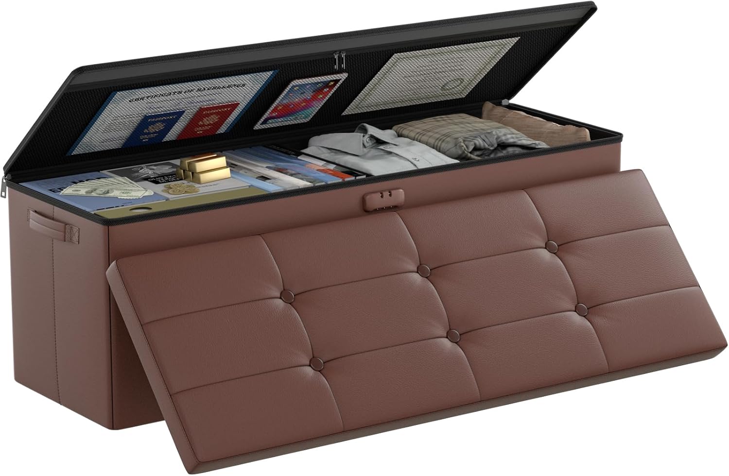 DocSafe Storage Ottoman Bench,Fireproof＆Waterproof Folding Bench with Lock(15”x 43”x15”),Leather Storage Chest with Handles＆2 Extra Boxes,Ottoman Safe for Bedroom,Living Room,Home Office,Black