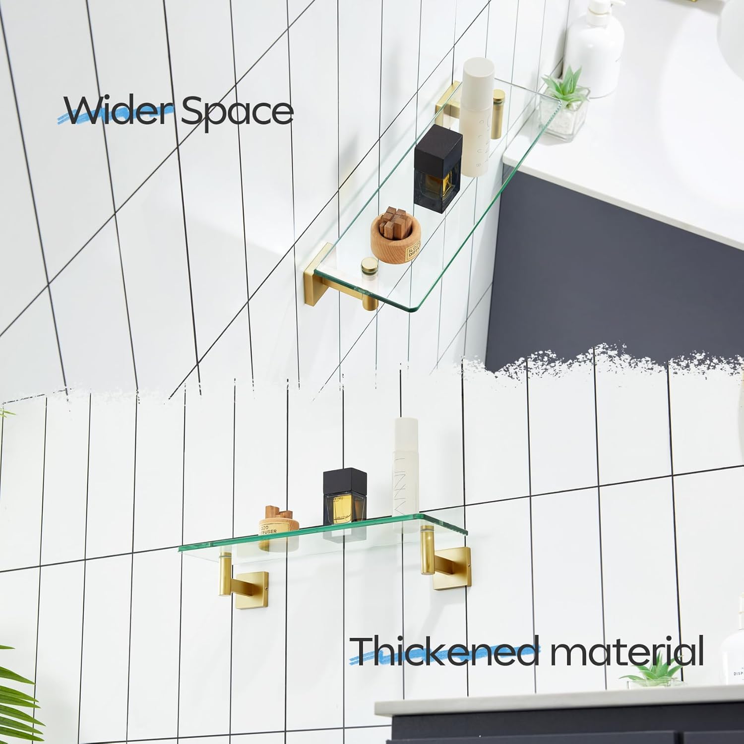 KOKOSIRI Wall Shelves Floating Shelf 16'' Gold Stainless Steel Bathroom Hardware Tempered Glass Hanging Rack Storage/Room Decor 2 Pack B1105BG-L16-P2