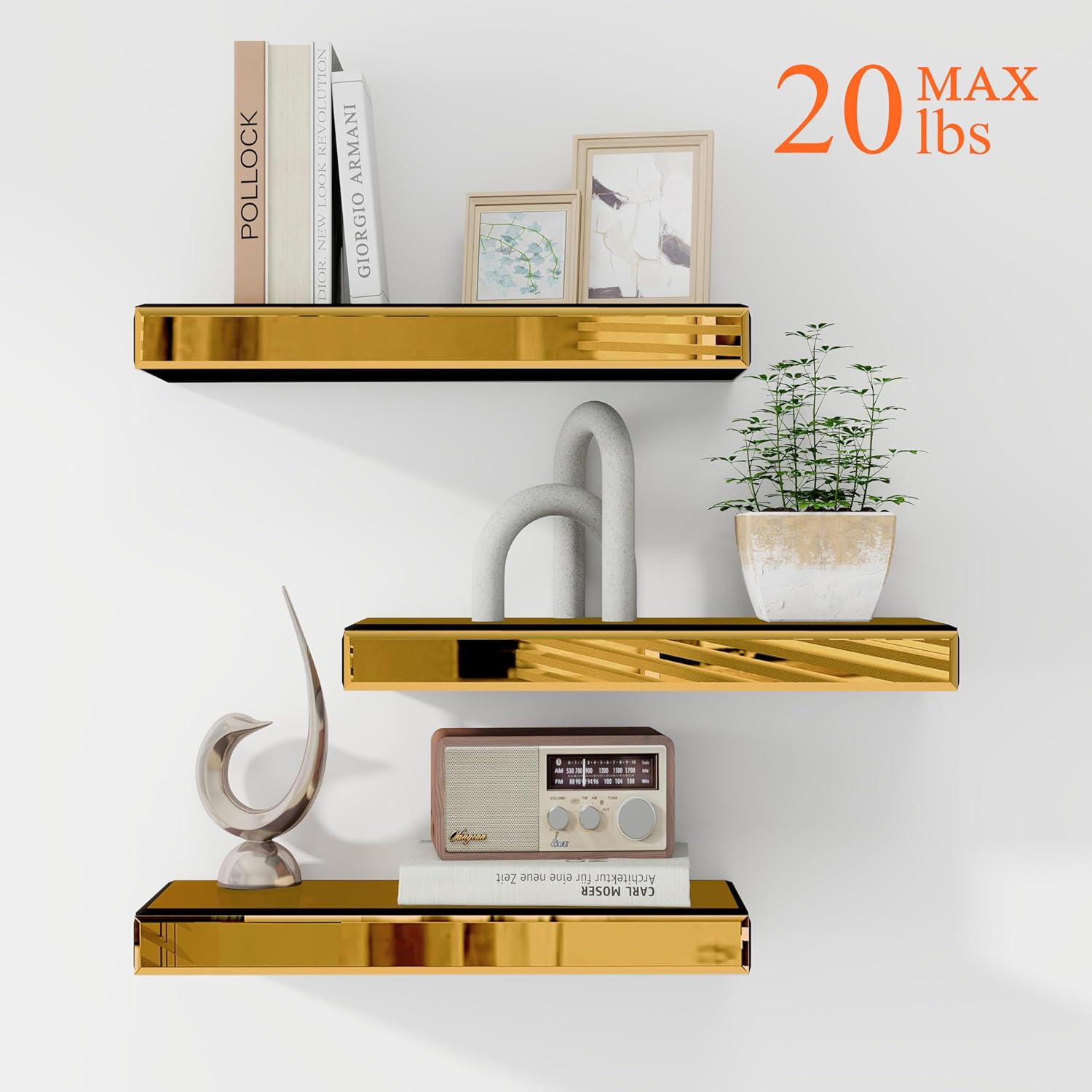 SHYFOY Glass Finish Wall Shelves Set of 3, with Invisible Brackets for Bathroom, Living Room, Bedroom & Kitchen