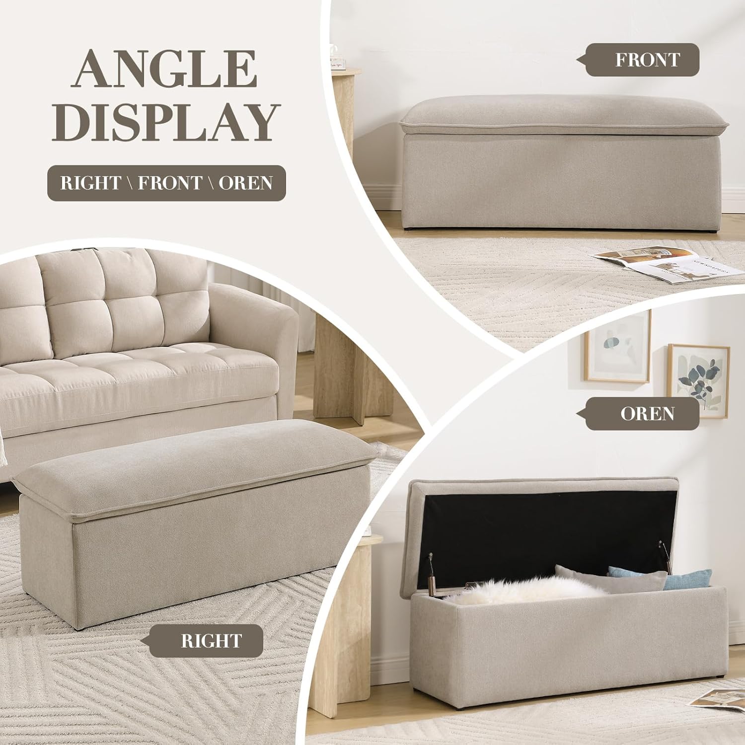 CIMOTA Storage Ottoman Bench, Upholstered End of Bed Storage Bench with Safety Hinge, Large Storage Chest with Seating, Modern Entryway Bench for Bedroom, Living Room, Chenille Oatmeal