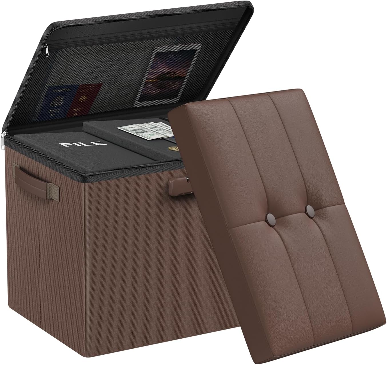 DocSafe Storage Ottoman Bench,Fireproof＆Waterproof Folding Bench with Lock(15”x 43”x15”),Leather Storage Chest with Handles＆2 Extra Boxes,Ottoman Safe for Bedroom,Living Room,Home Office,Black