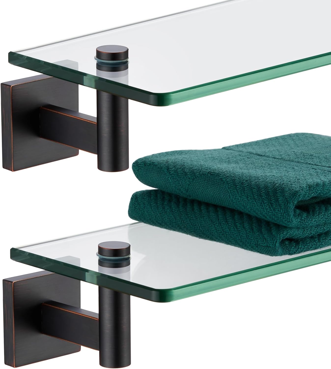 KOKOSIRI Wall Shelves Floating Shelf 16'' Gold Stainless Steel Bathroom Hardware Tempered Glass Hanging Rack Storage/Room Decor 2 Pack B1105BG-L16-P2