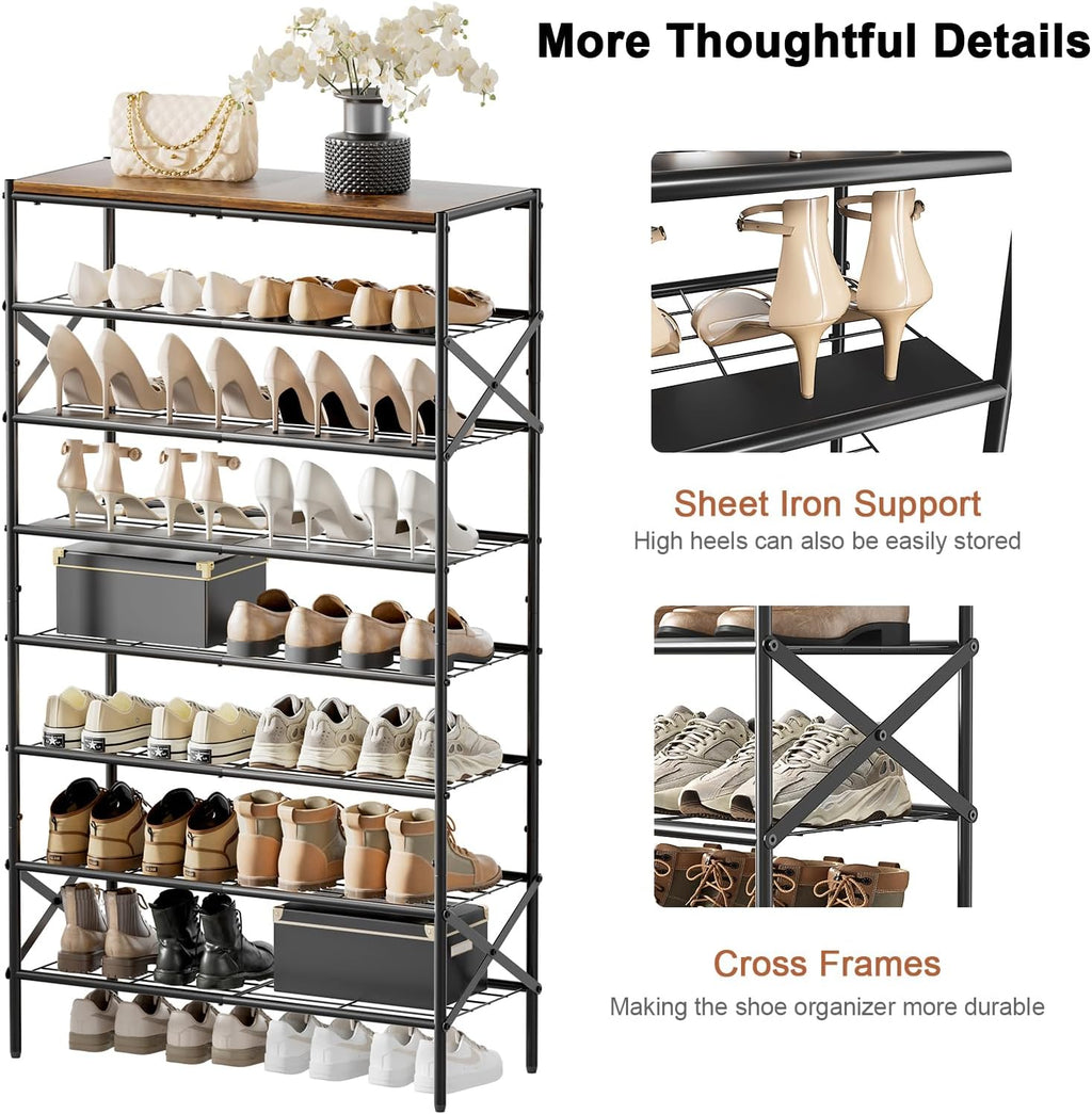 8-Tier Tall Shoe Rack Organizer Shoe Storage for Entryway 24-32 Pairs Metal Shoe Rack for Closet Heavy-Duty Shoe Rack with Wooden Top Shelf for Garage Rustic Brown