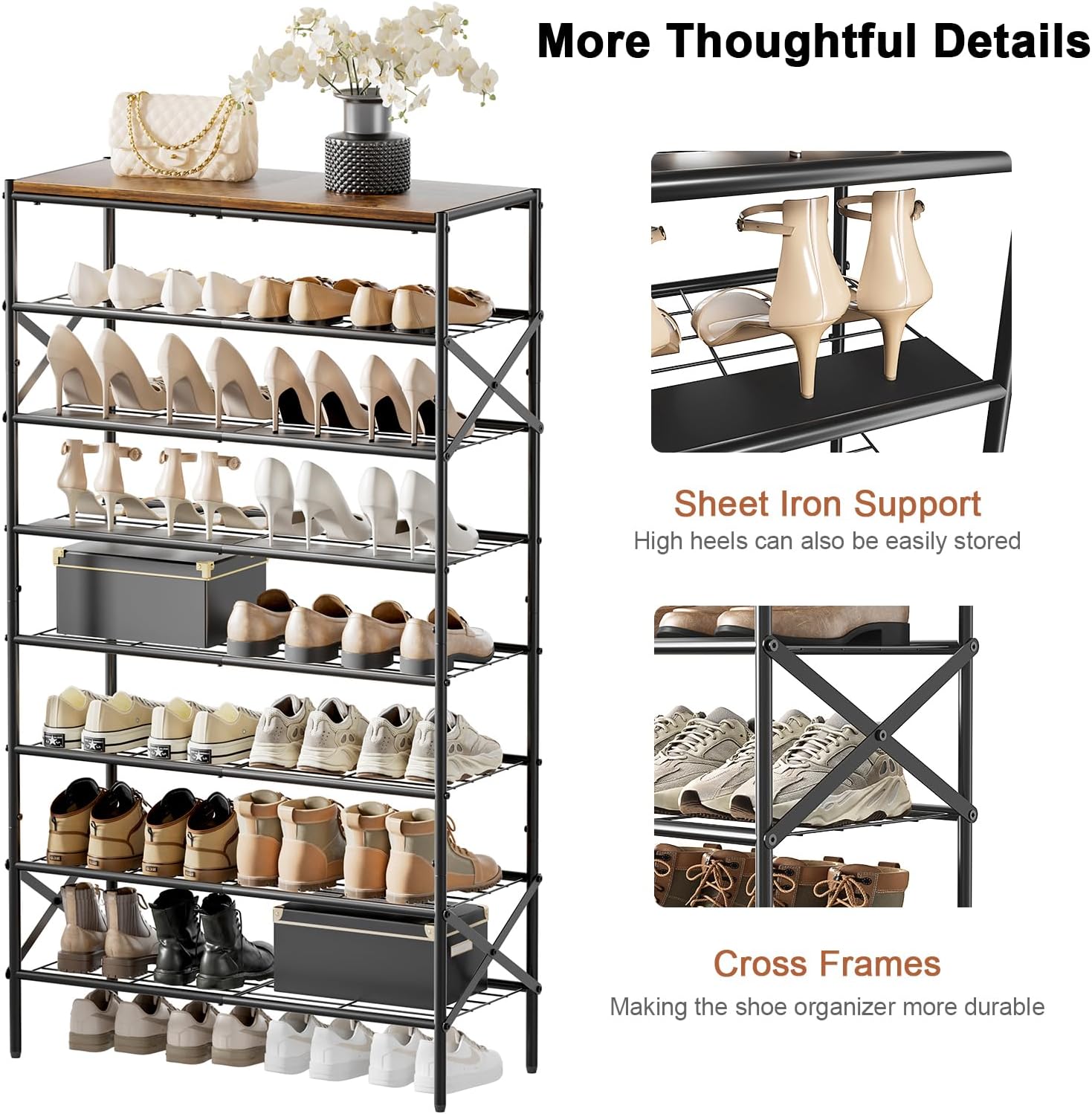 8-Tier Tall Shoe Rack Organizer Shoe Storage for Entryway 24-32 Pairs Metal Shoe Rack for Closet Heavy-Duty Shoe Rack with Wooden Top Shelf for Garage Rustic Brown
