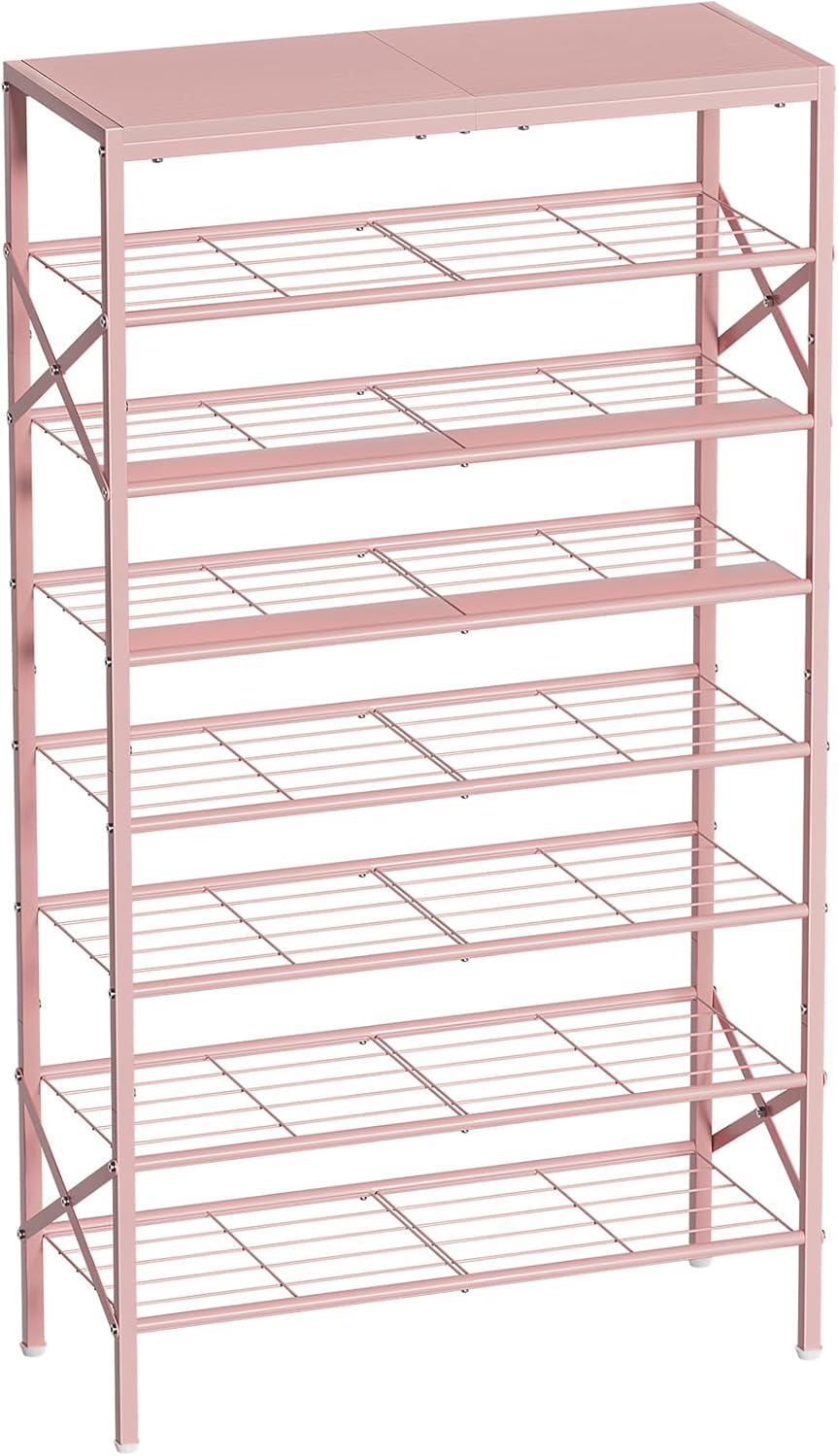 8-Tier Tall Shoe Rack Organizer Shoe Storage for Entryway 24-32 Pairs Metal Shoe Rack for Closet Heavy-Duty Shoe Rack with Wooden Top Shelf for Garage Rustic Brown