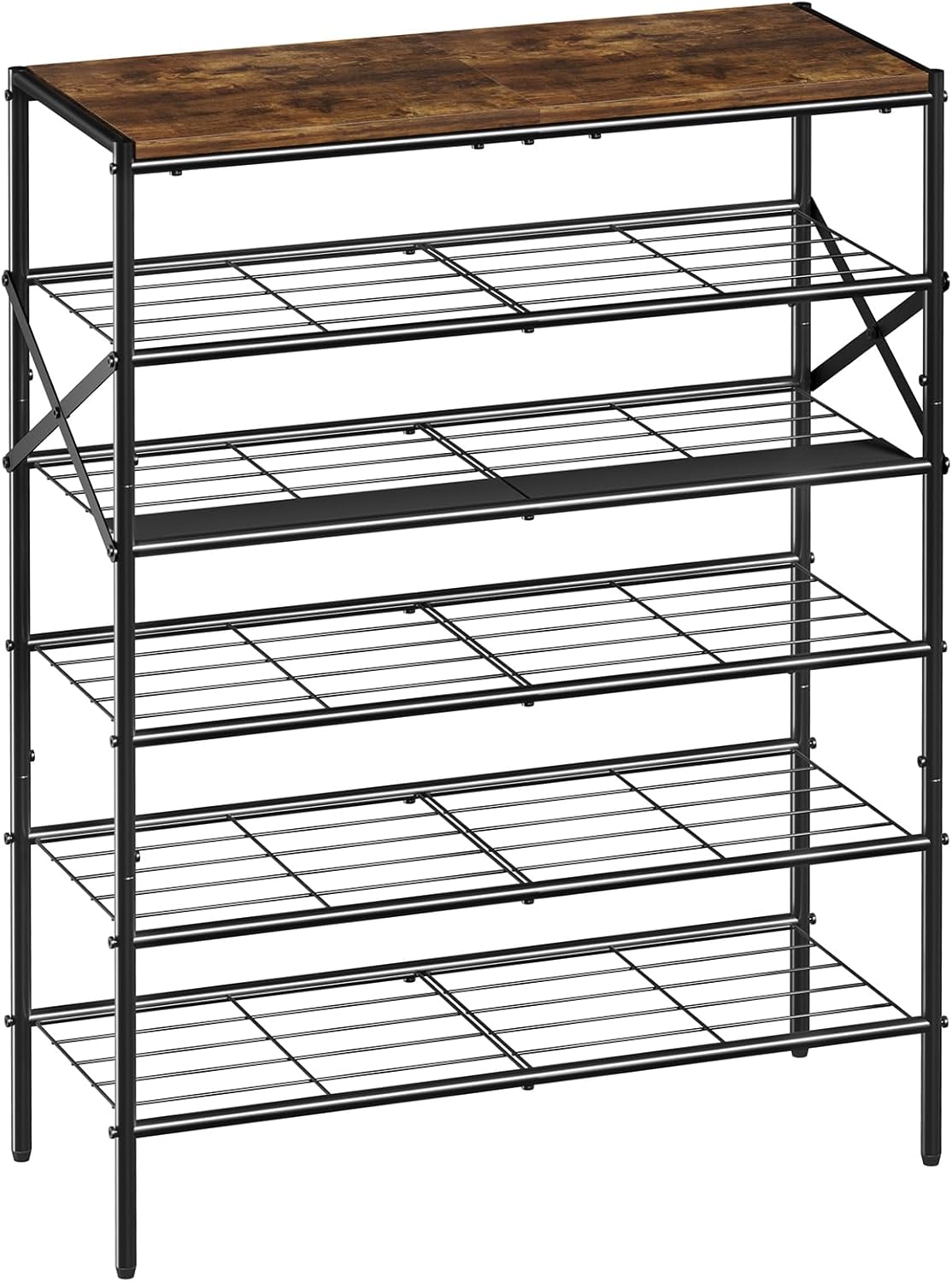 8-Tier Tall Shoe Rack Organizer Shoe Storage for Entryway 24-32 Pairs Metal Shoe Rack for Closet Heavy-Duty Shoe Rack with Wooden Top Shelf for Garage Rustic Brown