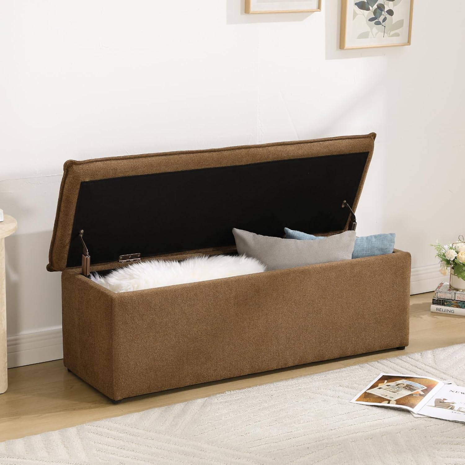 CIMOTA Storage Ottoman Bench, Upholstered End of Bed Storage Bench with Safety Hinge, Large Storage Chest with Seating, Modern Entryway Bench for Bedroom, Living Room, Chenille Oatmeal