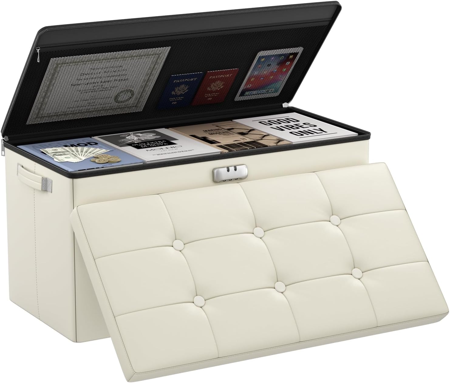 DocSafe Storage Ottoman Bench,Fireproof＆Waterproof Folding Bench with Lock(15”x 43”x15”),Leather Storage Chest with Handles＆2 Extra Boxes,Ottoman Safe for Bedroom,Living Room,Home Office,Black