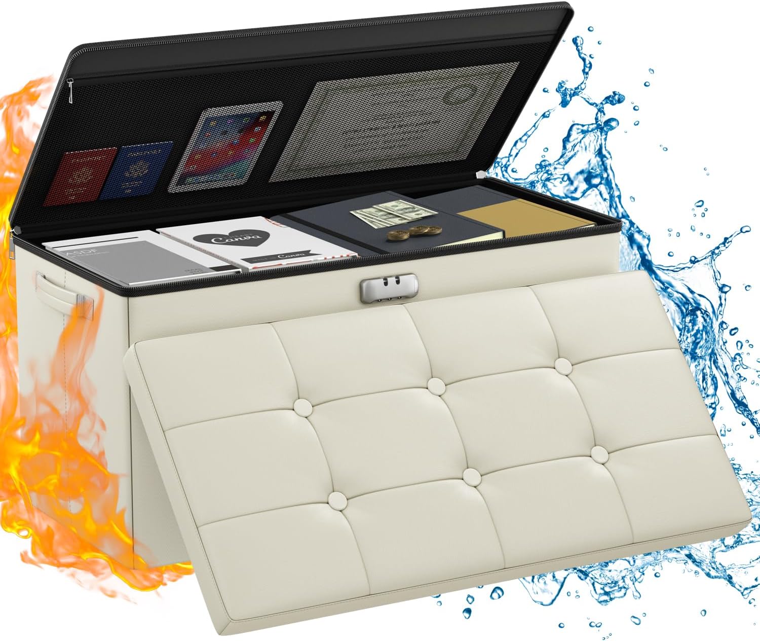 ENGPOW Storage Ottoman, Fireproof Folding Bench with Lock(15”x 43”x15”), Water-Resistant ＆ Heat Insulation Large Storage Chest with Handles＆2 Extra Boxes Safe for Living Room, Bedroom, Home, Black