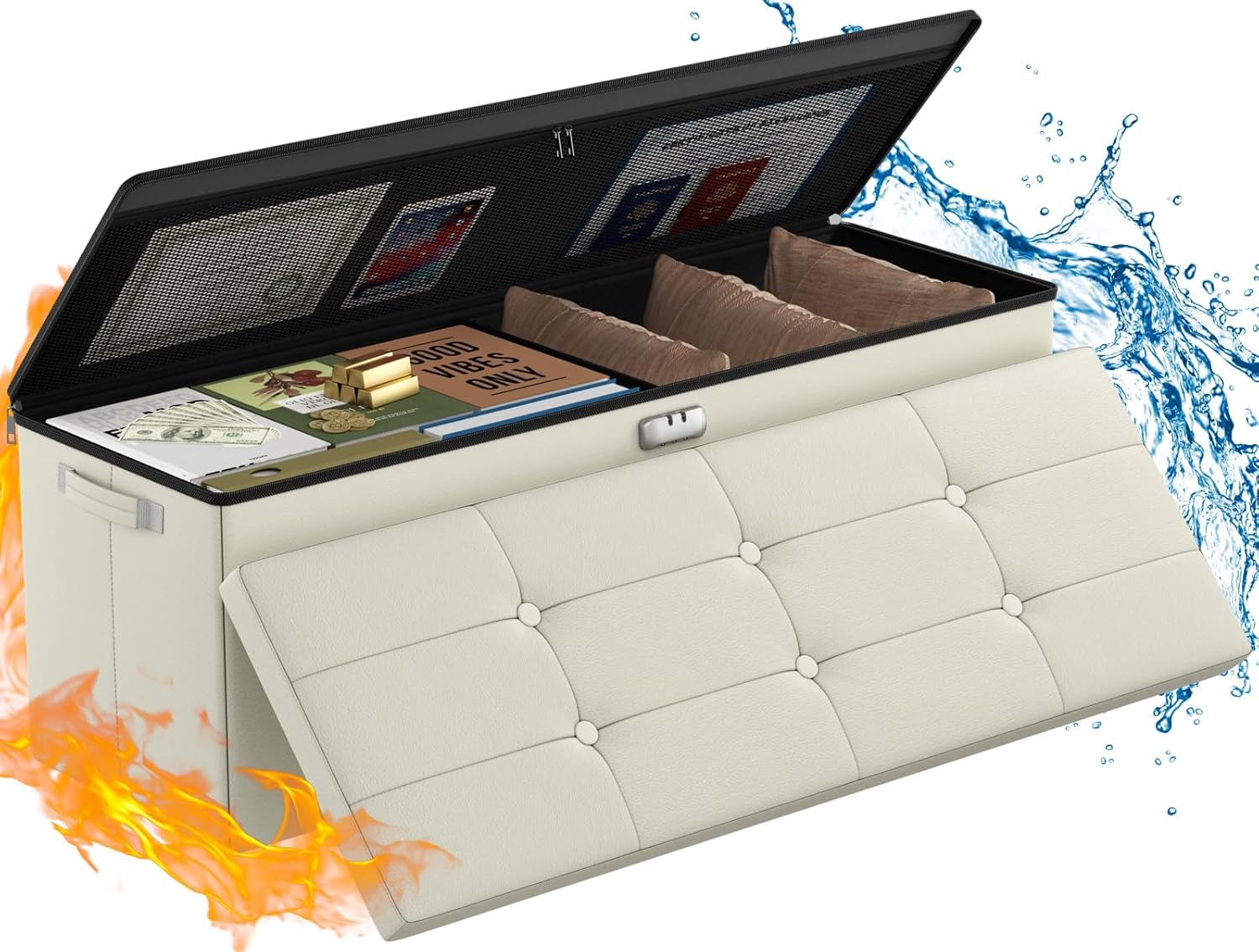 ENGPOW Storage Ottoman, Fireproof Folding Bench with Lock(15”x 43”x15”), Water-Resistant ＆ Heat Insulation Large Storage Chest with Handles＆2 Extra Boxes Safe for Living Room, Bedroom, Home, Black