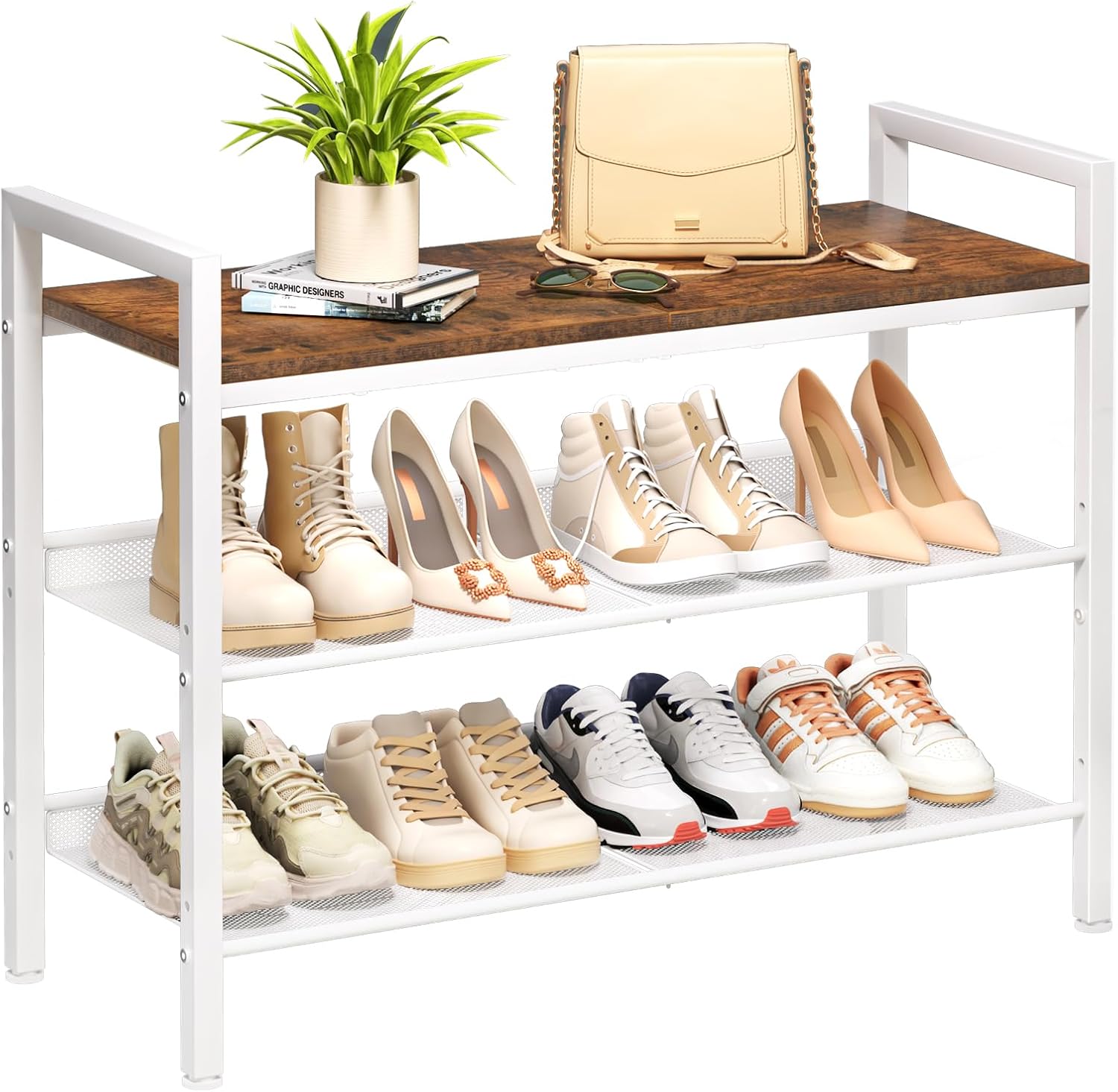 Shoe Rack for Front Door Entrance, 4 Tier Shoe Rack for Entryway, 12-16 Pairs of Shoes, Metal Shoe Rack Organizer, Free Standing Shoe Rack for Closet (Black+Rustic Brown)