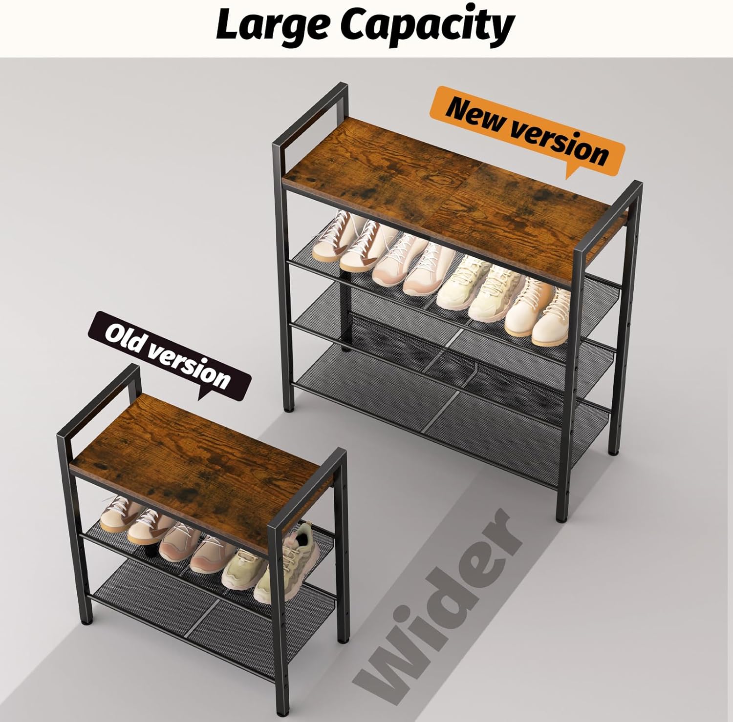 Shoe Rack for Front Door Entrance, 4 Tier Shoe Rack for Entryway, 12-16 Pairs of Shoes, Metal Shoe Rack Organizer, Free Standing Shoe Rack for Closet (Black+Rustic Brown)