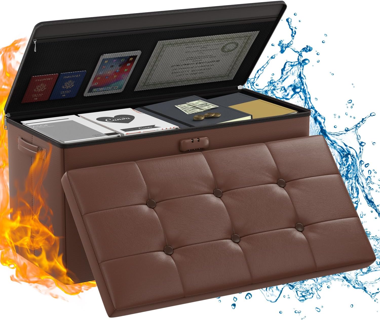 ENGPOW Storage Ottoman, Fireproof Folding Bench with Lock(15”x 43”x15”), Water-Resistant ＆ Heat Insulation Large Storage Chest with Handles＆2 Extra Boxes Safe for Living Room, Bedroom, Home, Black